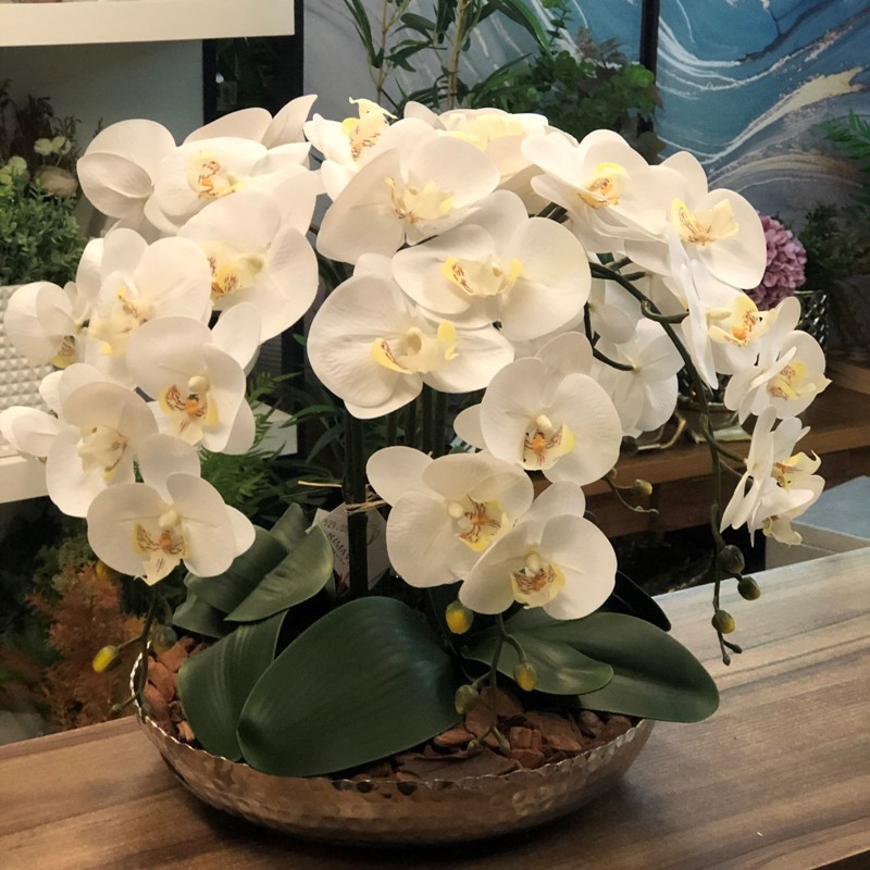 Arranjo de Orquídeas Brancas c/ 6 hastes em Base de Metal Prata ::  Primavera Design