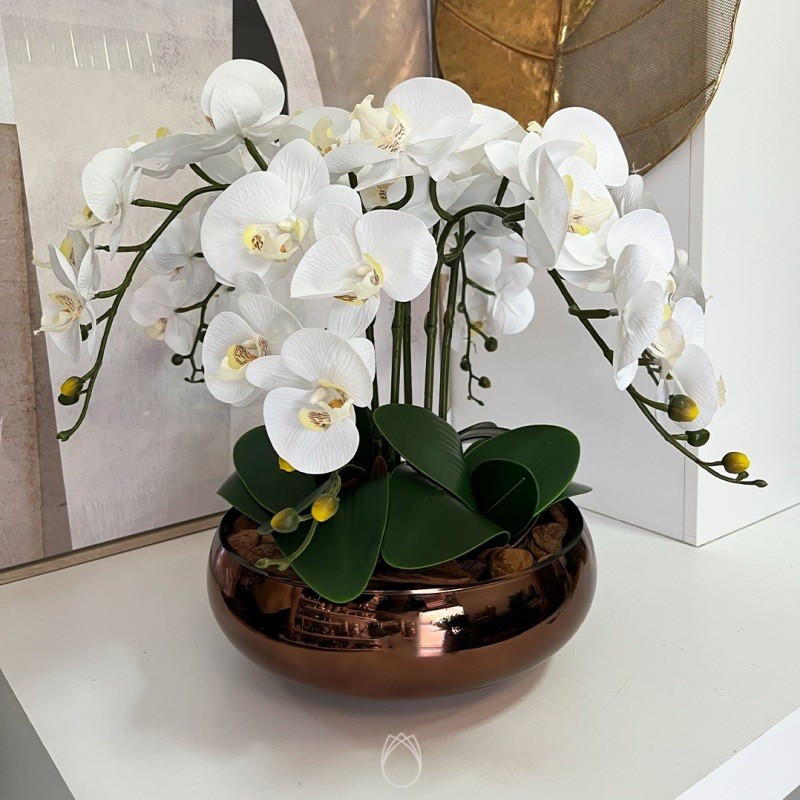 Arranjo de Orquídeas c/ 6 Hastes em Vaso de Vidro Cobre Espelhado ::  Primavera Design